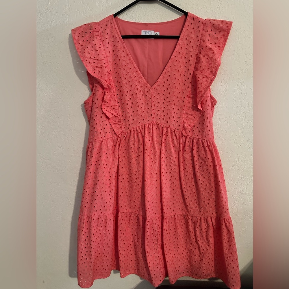 Time and Tru Coral Eyelet Tiered V-Neck Ruffle Dress